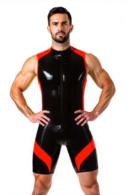 Joylgbt Men’s High-Neck PU Singlet Bodysuit – Glossy Black with Red Accents