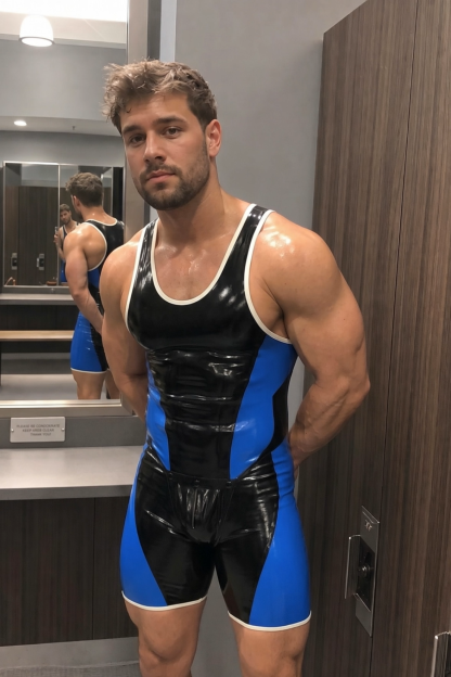 Joylgbt Men’s Blue Black Glossy Color Block Singlet Shorts
