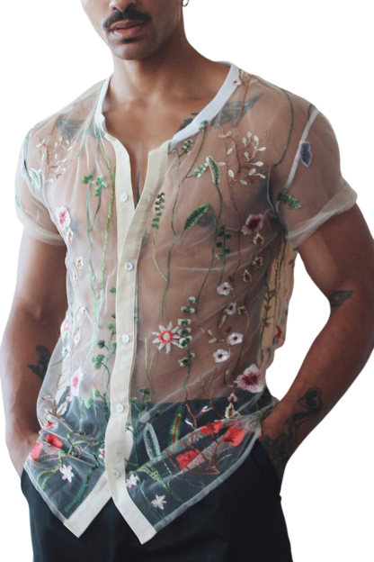 Men's Sheer Floral Embroidery Short Sleeve Shirt