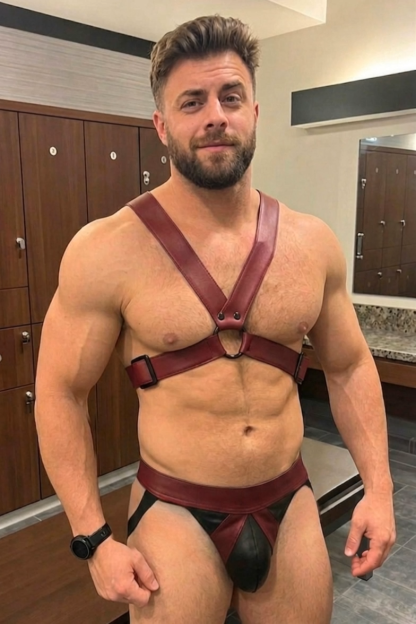 Men’s Burgundy & Black PU Leather Harness Jock Set