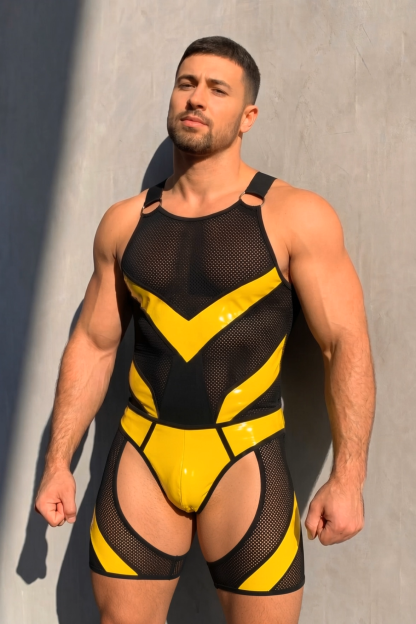 Joylgbt Men’s Black Yellow Mesh Bodysuit Shorts