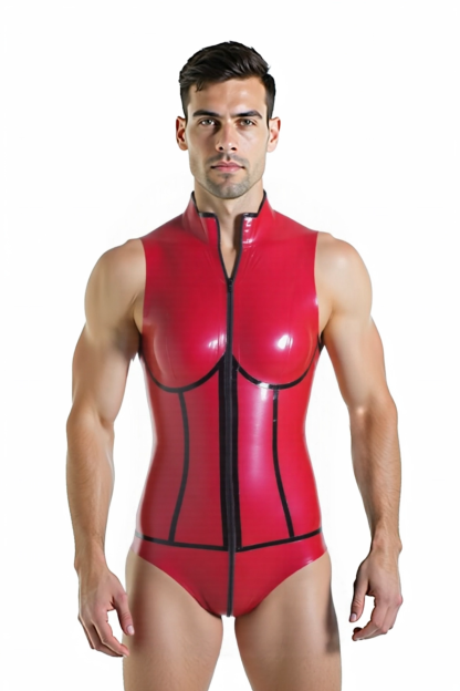 Joylgbt's Men's Red Glossy Zip-Up Bodysuit with High Collar & Contour Stitching