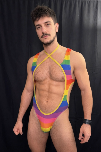 Joylgbt Men's Rainbow Stripe Deep-V Cutout Bodysuit (Cross-Neck Strap)