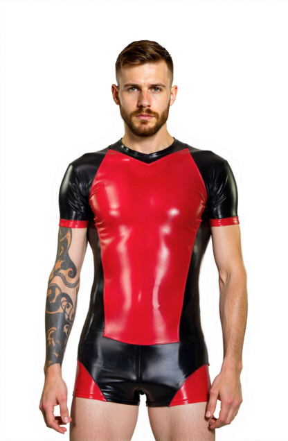 Joylgbt Men's Glossy Black & Red Bodysuit