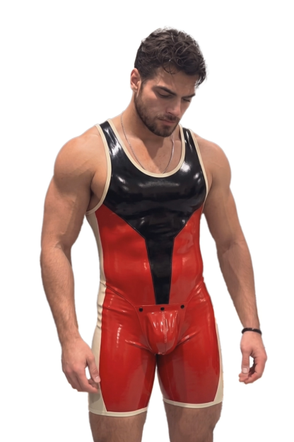 Joylgbt Men’s Red Black Glossy Color Block Singlet Shorts