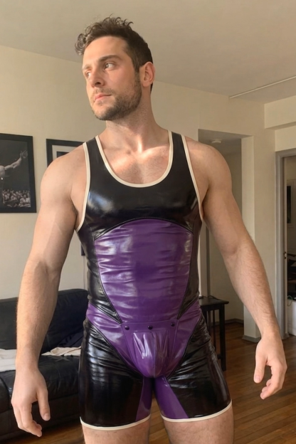Men’s Black & Purple Glossy Color-Block Singlet Bodysuit