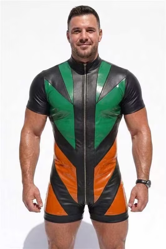 Men’s Green Black Yellow PU Leather Short Sleeve Romper Front Zip Slim Party Stagewear