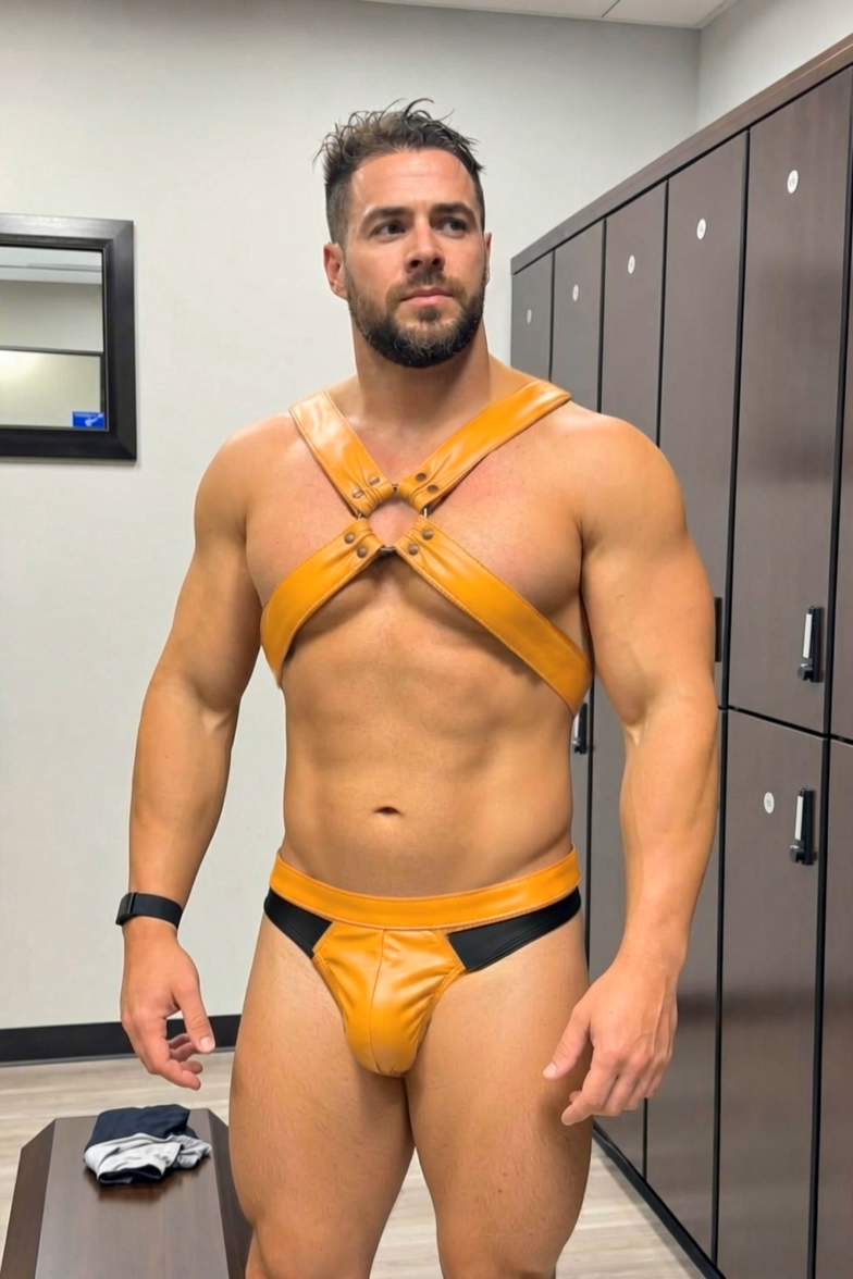 Men’s Tan PU Leather X-Cross Harness & Color-Block Brief Set 