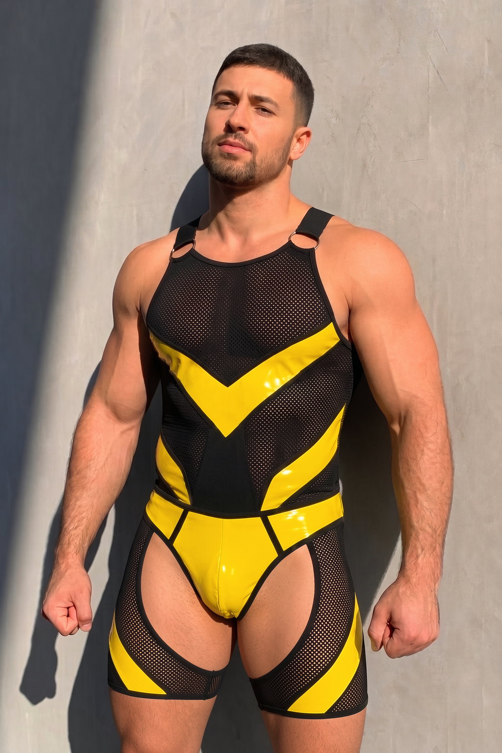 Joylgbt Men’s Black Yellow Mesh Bodysuit Shorts