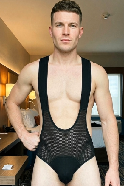 Joylgbt Men’s Black Deep-V Mesh Bodysuit (Breathable, Body-Enhancing)
