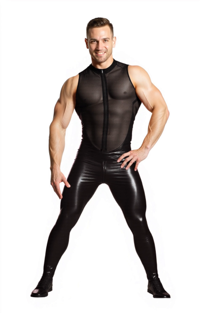 Joylgbt Sheer Mesh & Leather Look Men's Bodysuit – Sleeveless Zip-Up Jumpsuit for Clubwear & Roleplay
