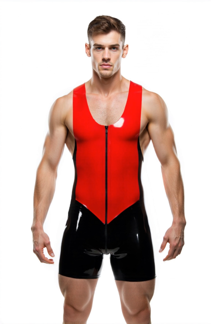 Joylgbt Men's High-Gloss Red & Black Singlet Jumpsuit | Sleeveless Bodycon with Front Zipper