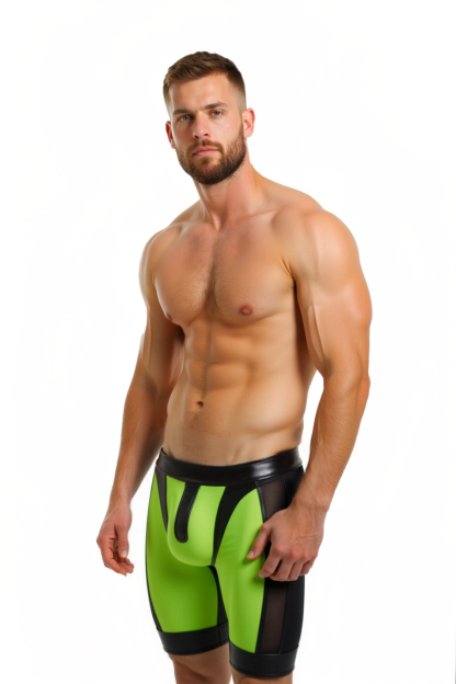 Joylgbt‘s Men's Neon Green High-Gloss PV & Mesh Cycling Shorts