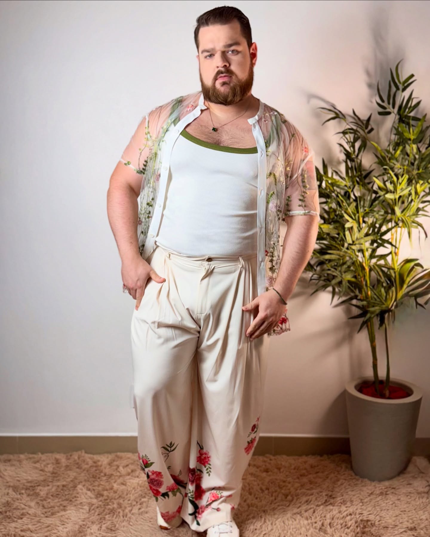 JoyLgbt Men's Sheer Floral Embroidery Short Sleeve Shirt