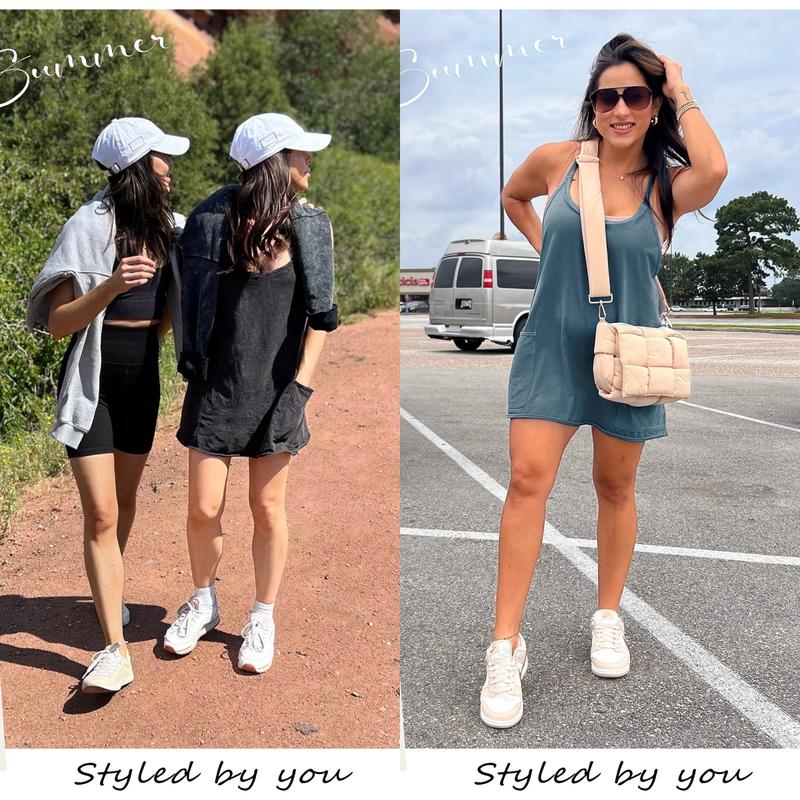 Women's Athletic Sleeveless Mini Dress with Built-in Shorts V Neck Spaghetti Strap Short Tennis Dress with Pockets