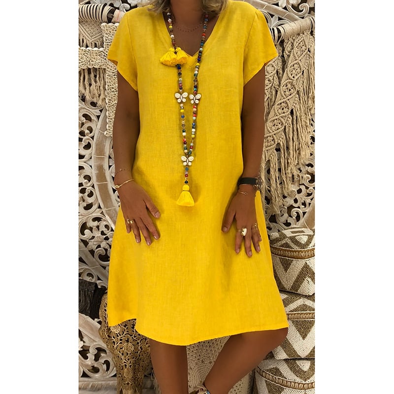 Women's Dress Summer Linen Dresses Casual V Neck Midi Dress