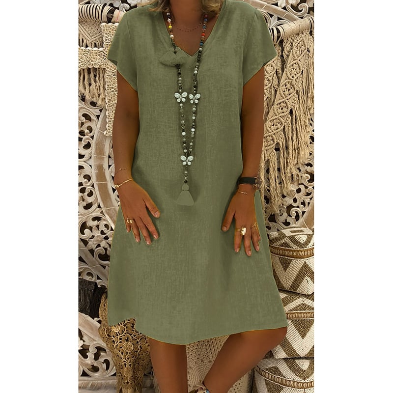 Women's Dress Summer Linen Dresses Casual V Neck Midi Dress