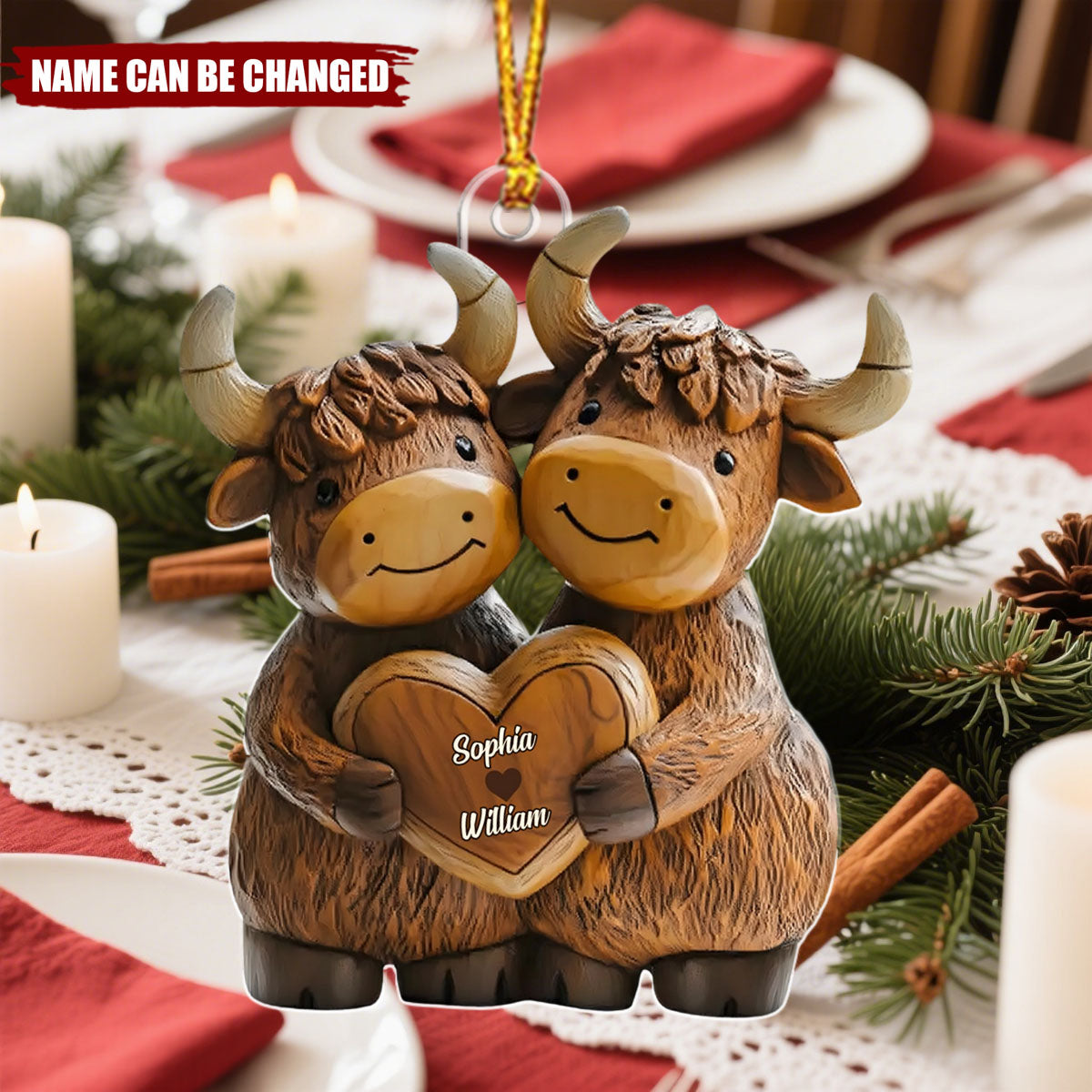 Highland Cowl Couple - Personalized Christmas Acrylic Ornament