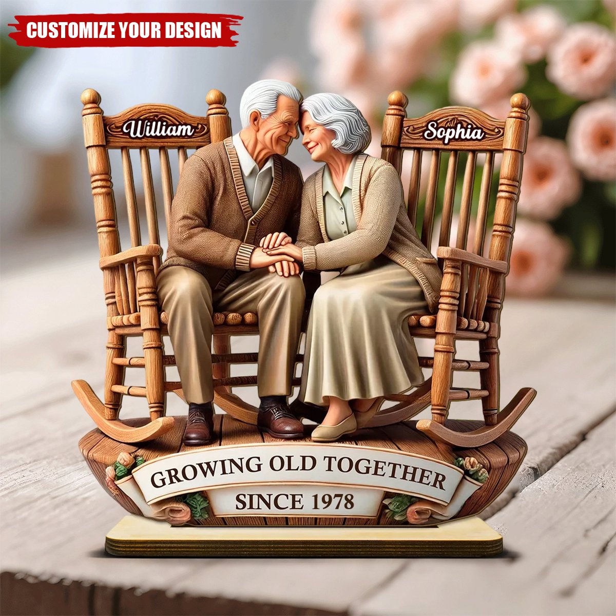 Old Couple Sitting On Rocking Chairs Together - Personalized Standing Wooden PlaqueOld Couple Sitting On Rocking Chairs Together - Personalized Standing Wooden Plaque Old Couple Sitting On Rocking Chairs Together - Personalized Standing