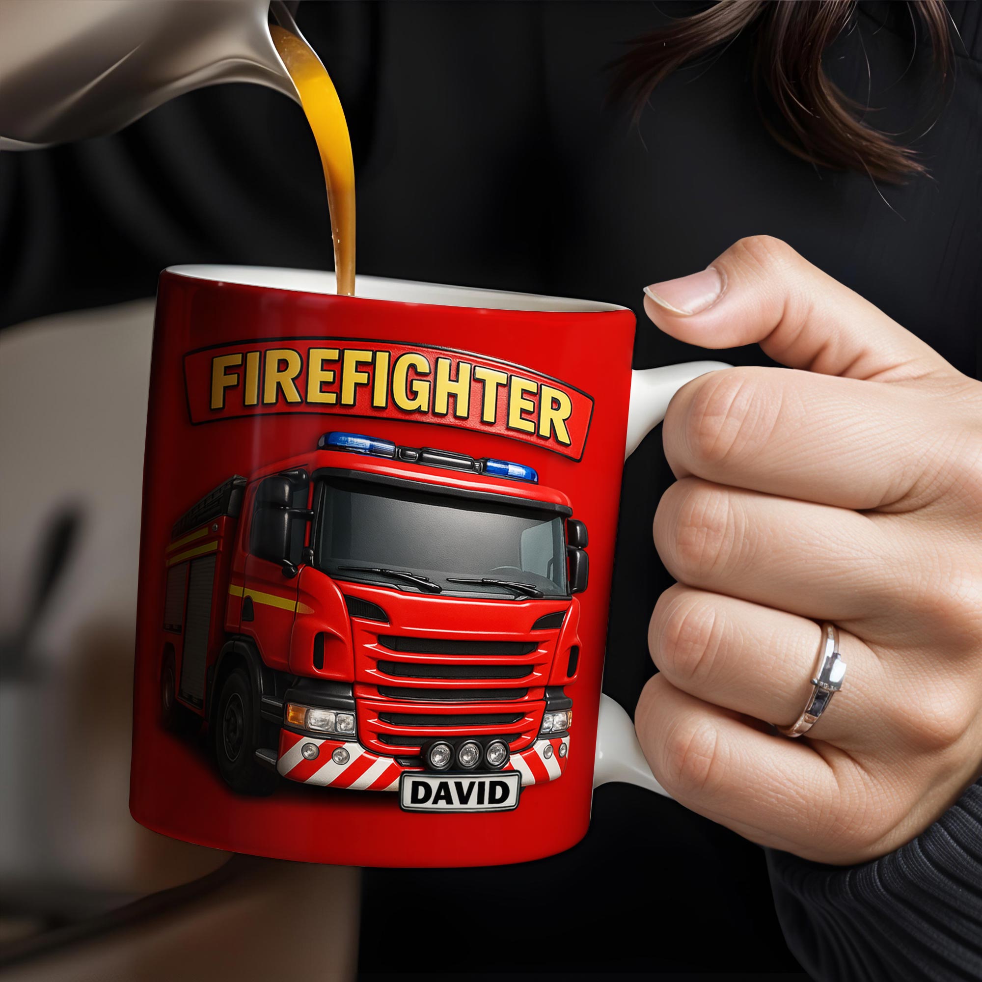 Firefighter Red Coffee Mug Featuring Personalized Fire Truck Design