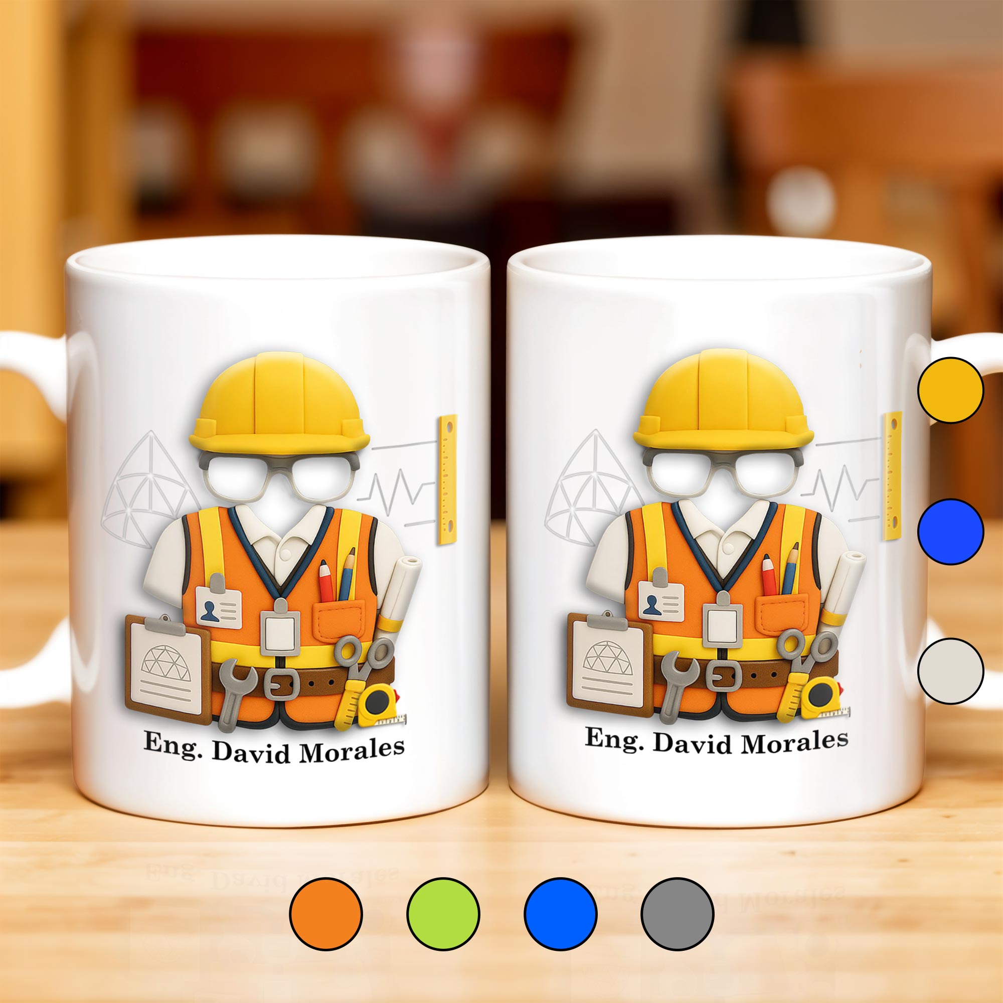 Custom Engineer Theme Coffee Mug With Construction Helmet, Safety Vest, and Tools