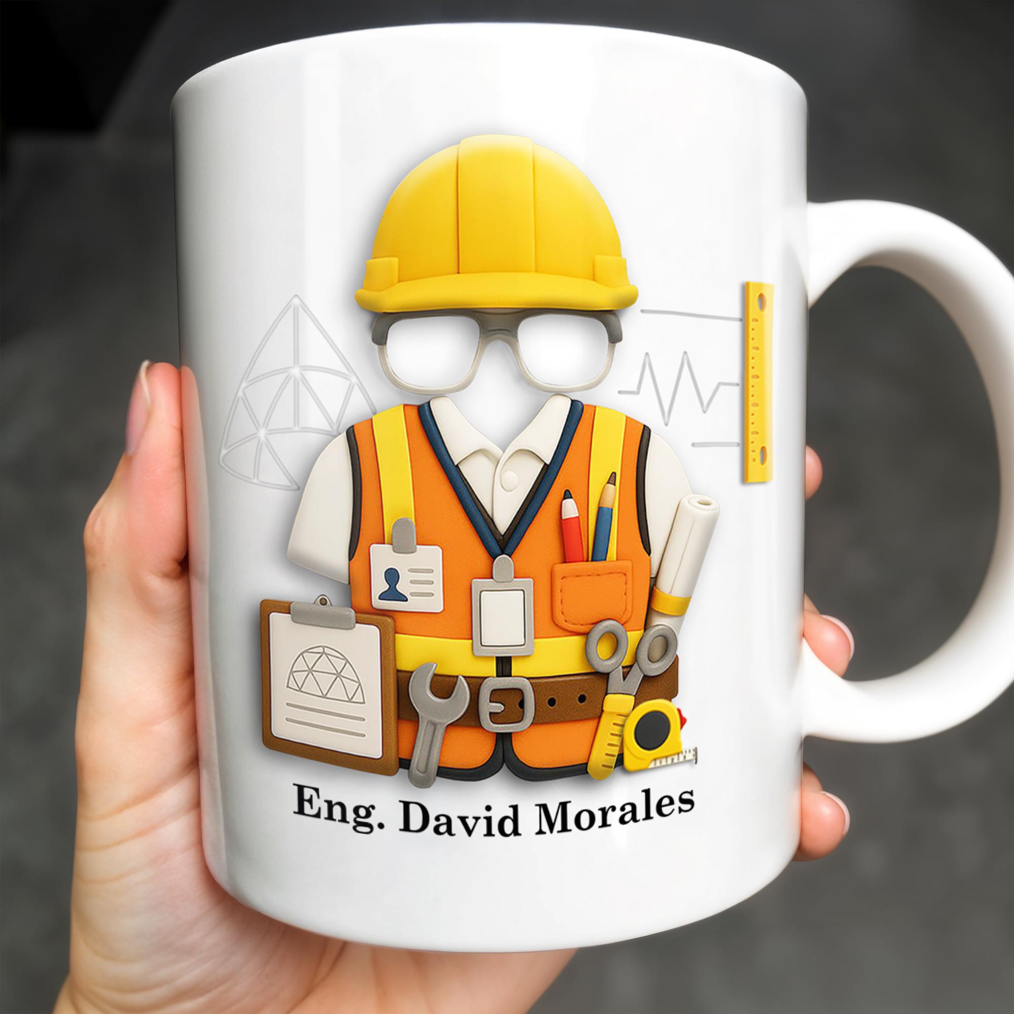 Custom Engineer Theme Coffee Mug With Construction Helmet, Safety Vest, and Tools