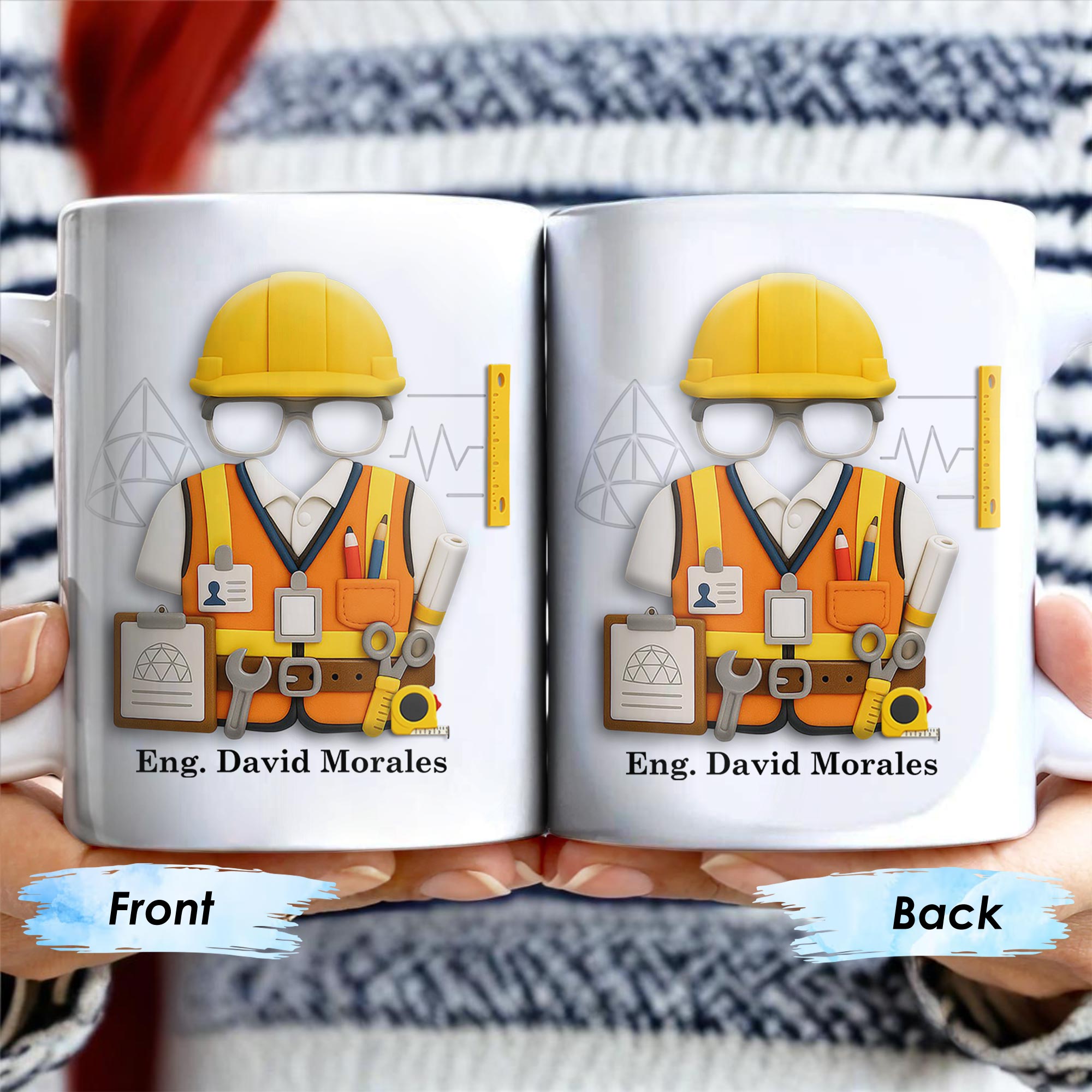 Custom Engineer Theme Coffee Mug With Construction Helmet, Safety Vest, and Tools
