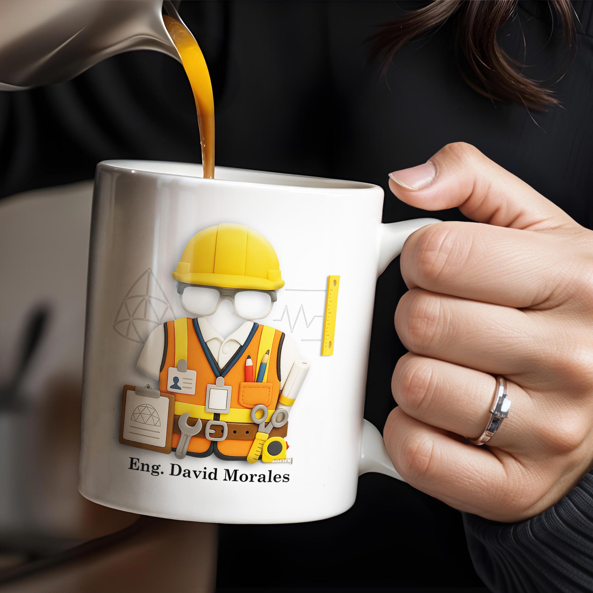 Custom Engineer Theme Coffee Mug With Construction Helmet, Safety Vest, and Tools
