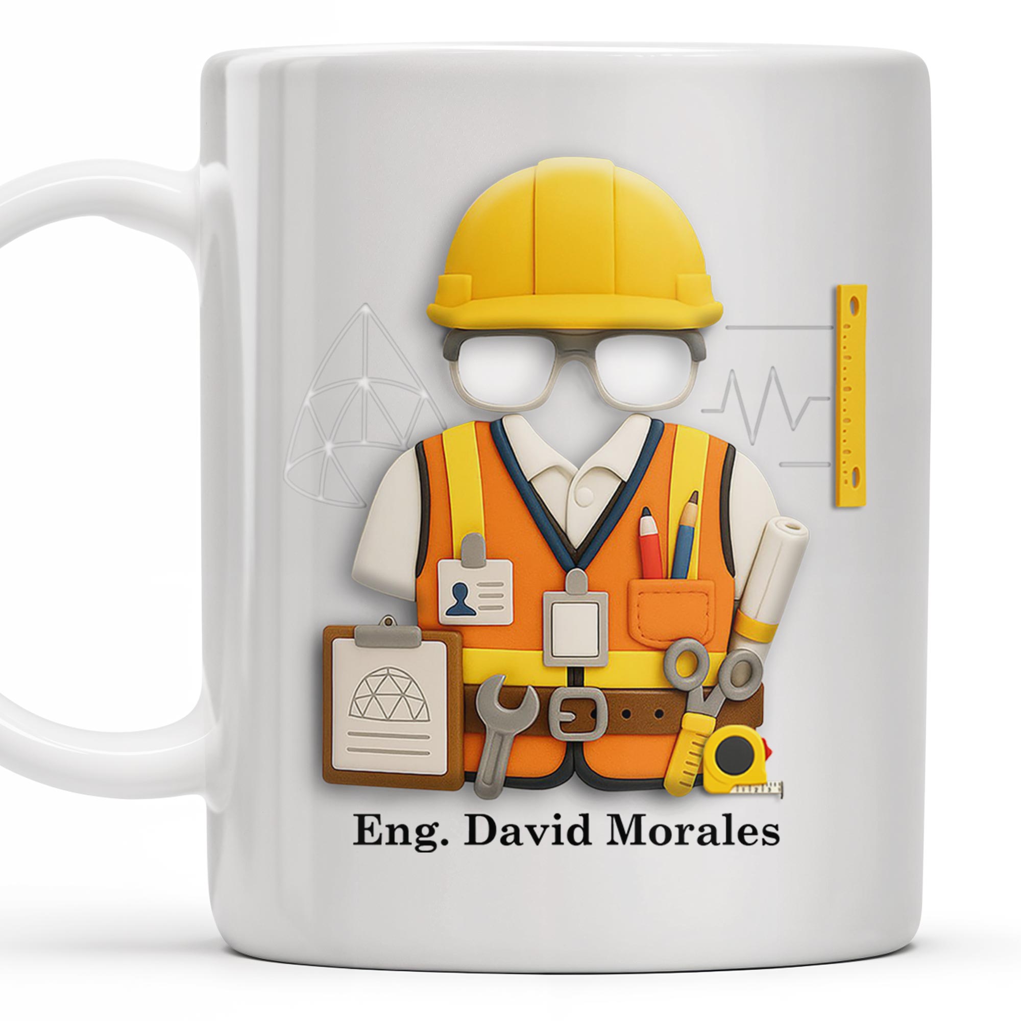 Custom Engineer Theme Coffee Mug With Construction Helmet, Safety Vest, and Tools