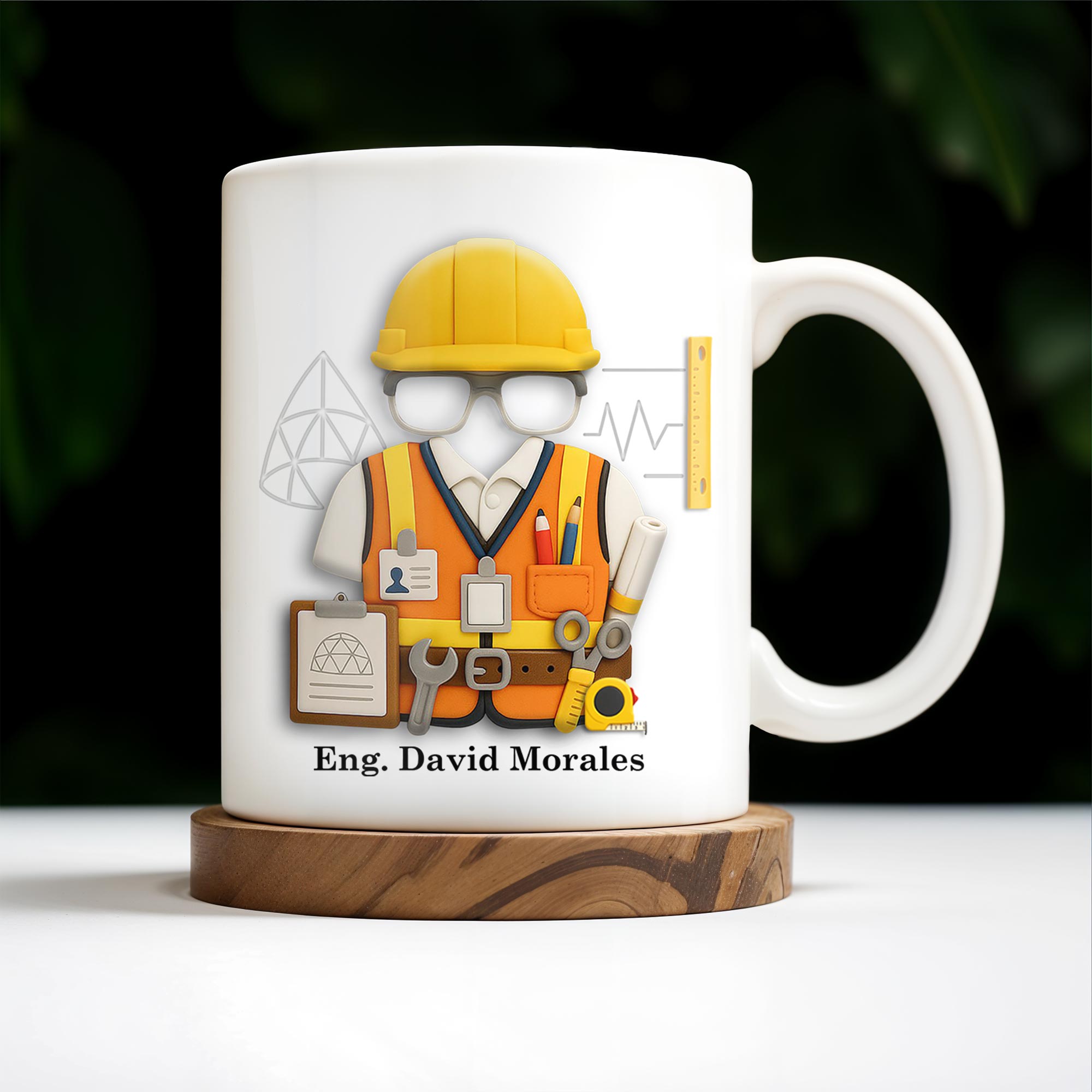 Custom Engineer Theme Coffee Mug With Construction Helmet, Safety Vest, and Tools