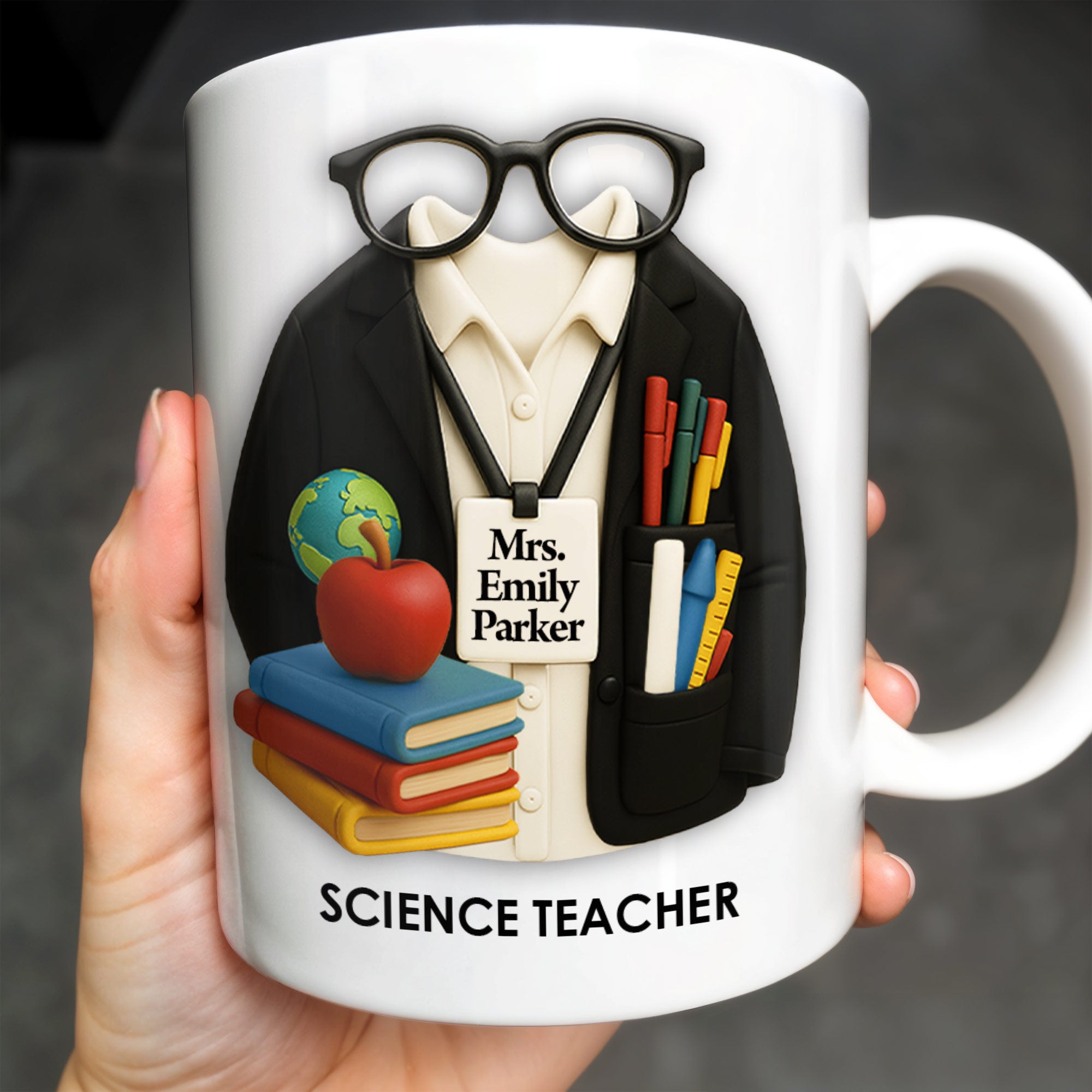 Customizable Coffee Mug Featuring Glasses, Books, Apple, Markers, Lab Coat