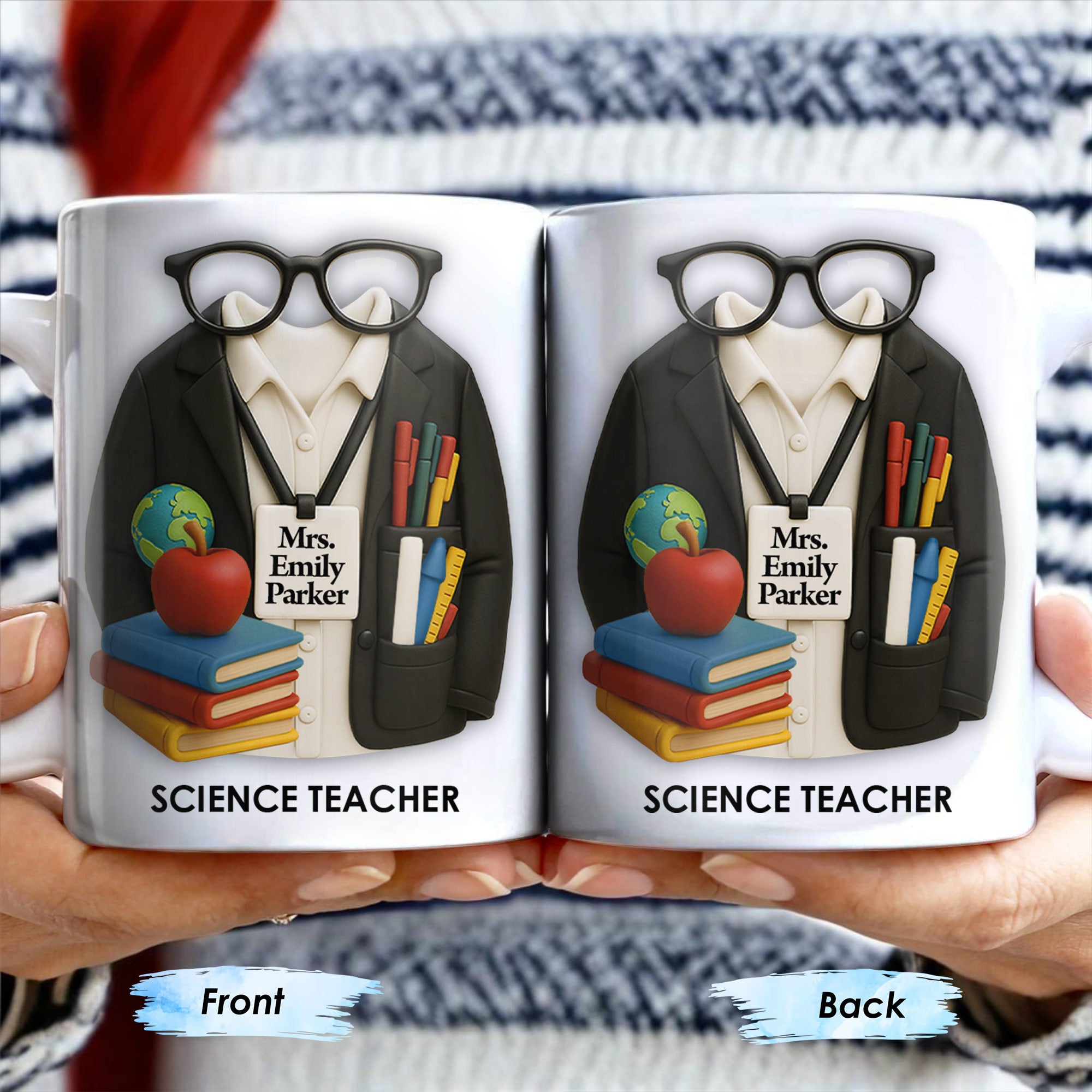 Customizable Coffee Mug Featuring Glasses, Books, Apple, Markers, Lab Coat