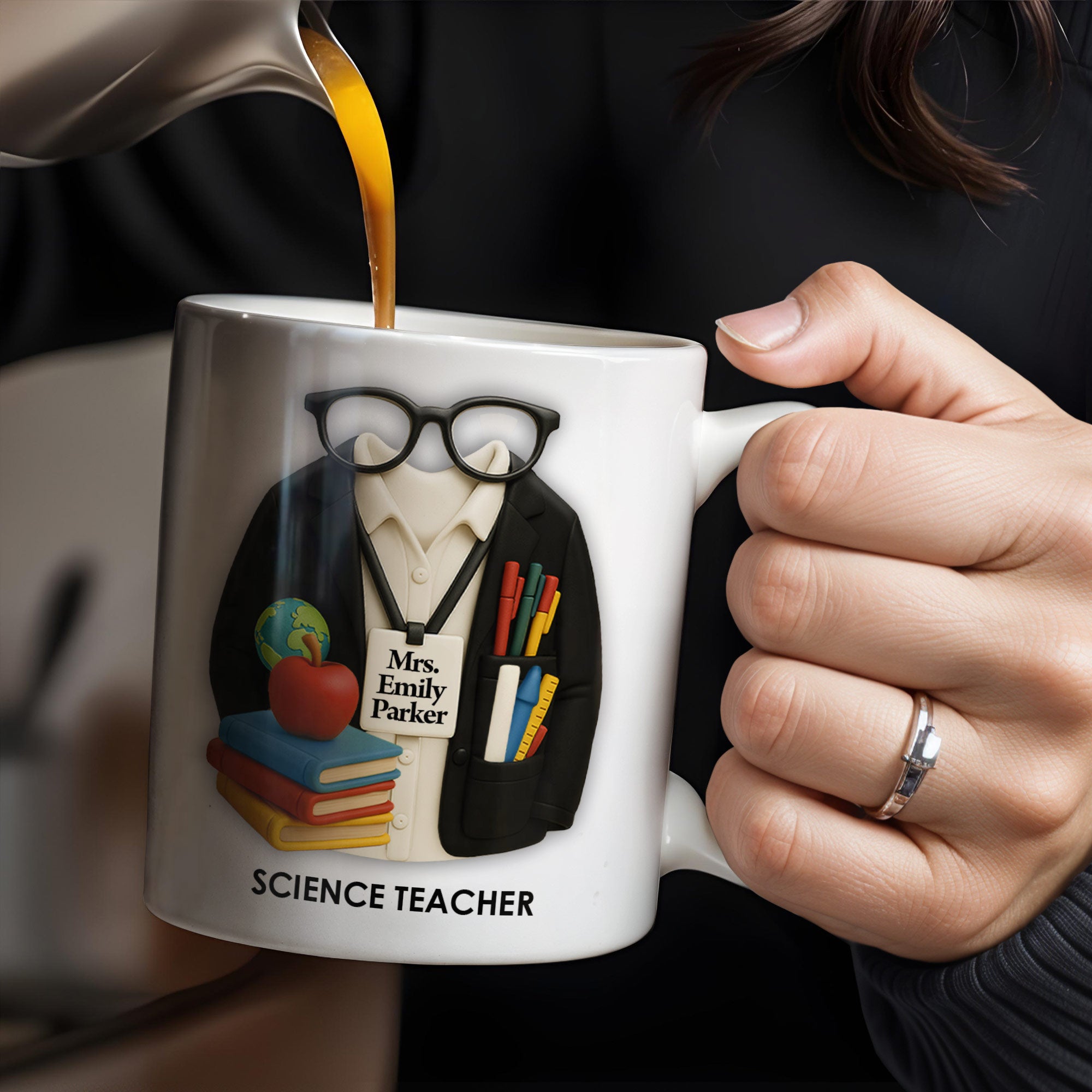 Customizable Coffee Mug Featuring Glasses, Books, Apple, Markers, Lab Coat