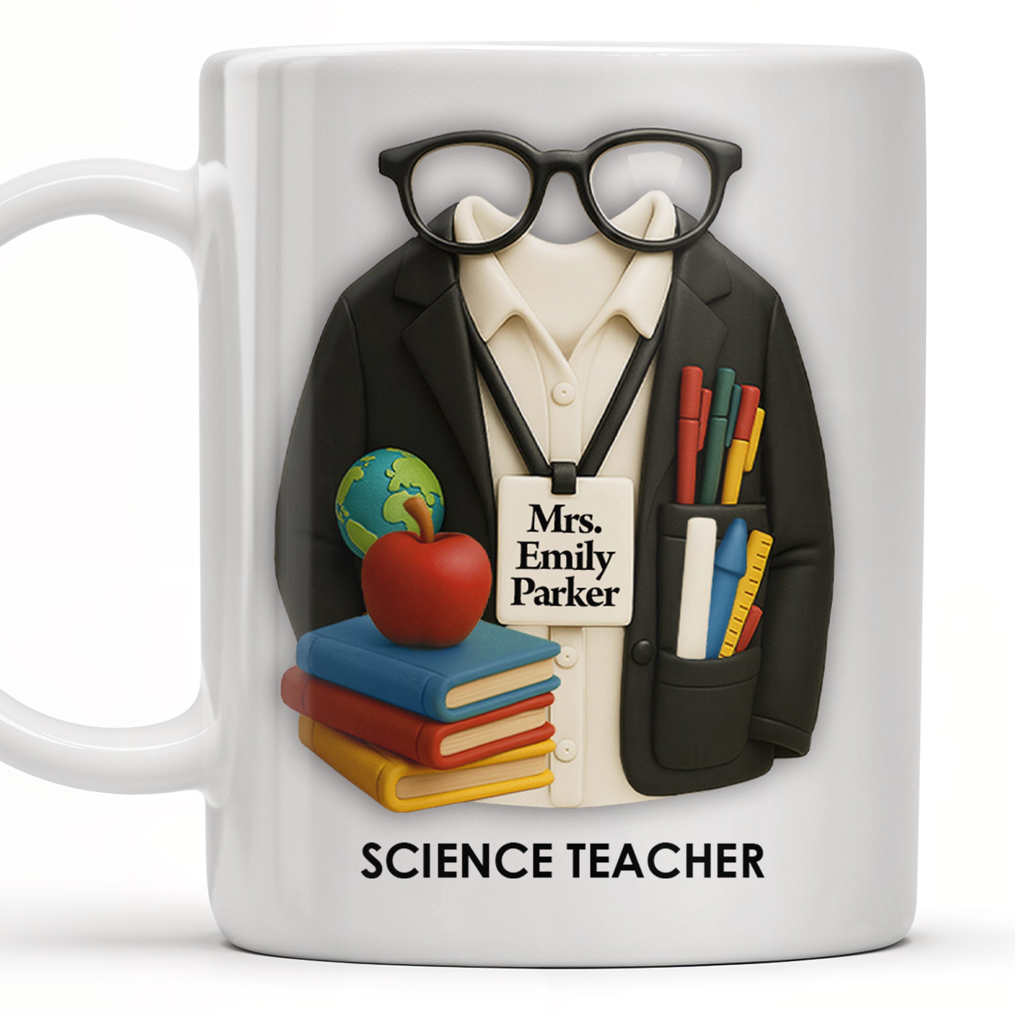 Customizable Coffee Mug Featuring Glasses, Books, Apple, Markers, Lab Coat
