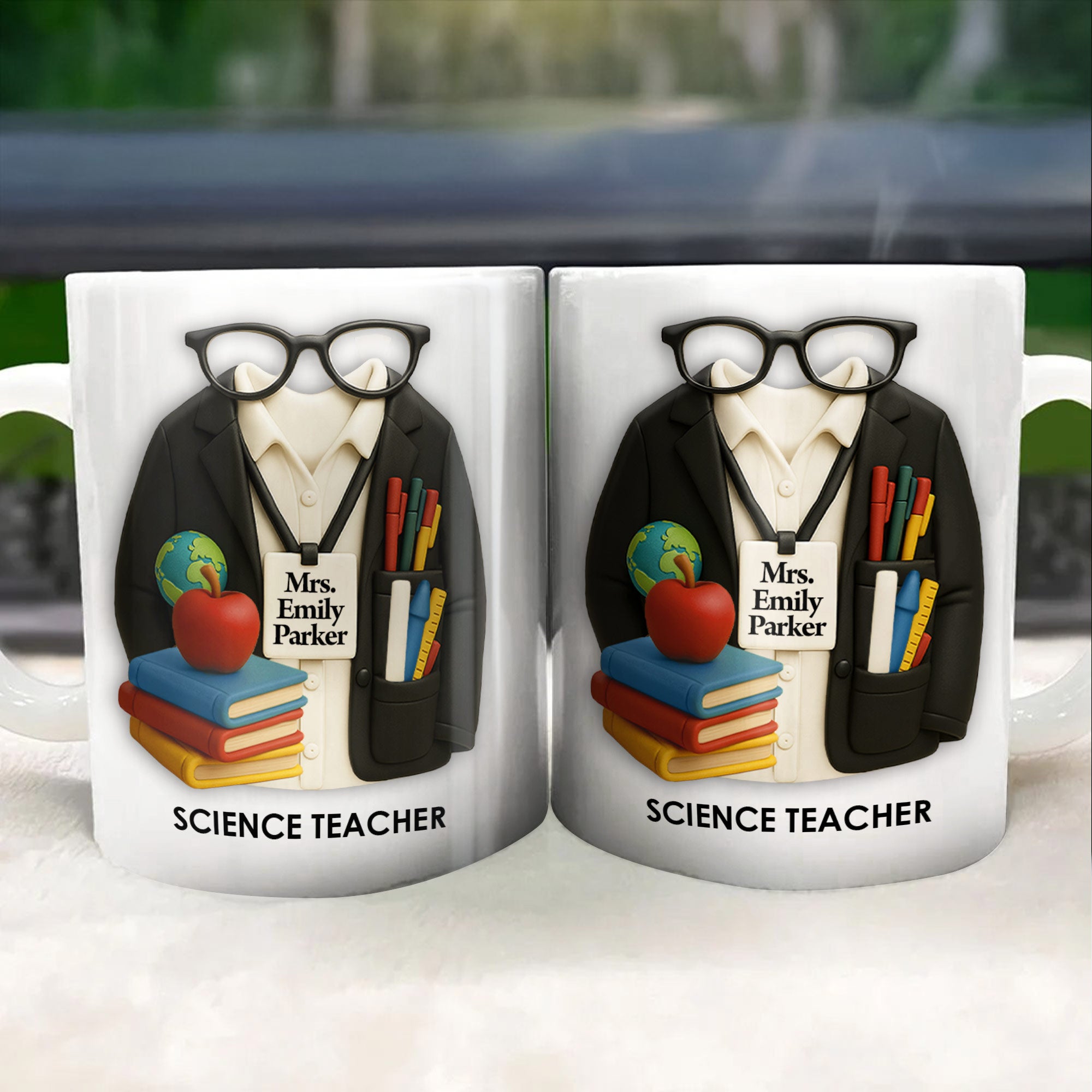 Customizable Coffee Mug Featuring Glasses, Books, Apple, Markers, Lab Coat
