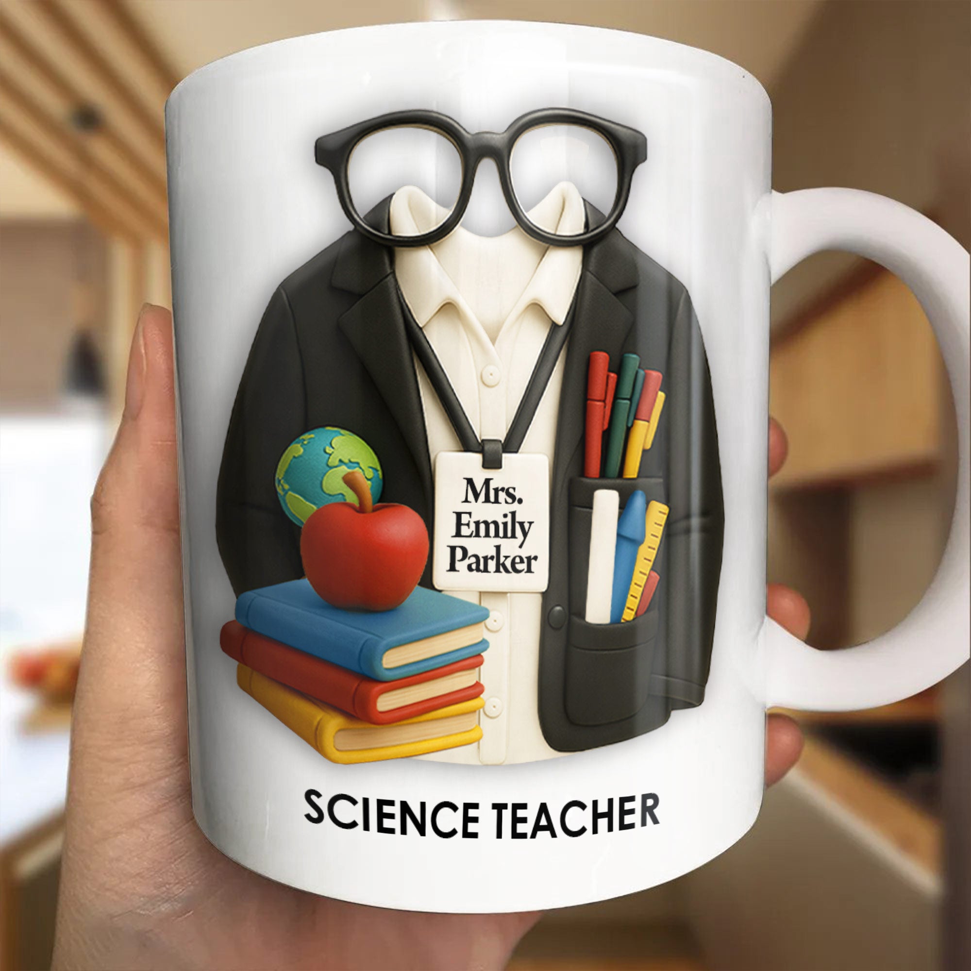 Customizable Coffee Mug Featuring Glasses, Books, Apple, Markers, Lab Coat