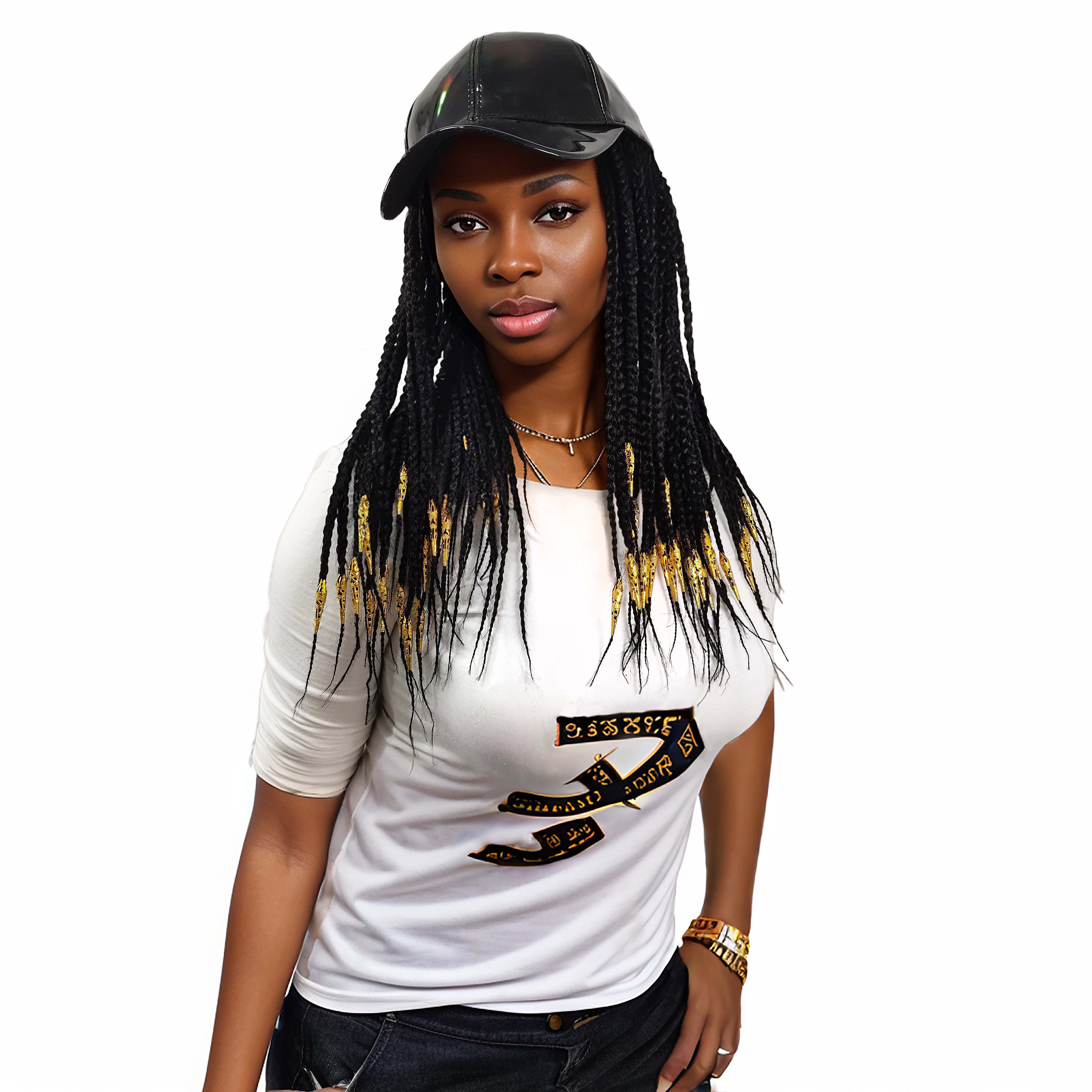 Sleek PU Baseball Cap, 3X Box Braids w/Golden Dreadlock Cuffs