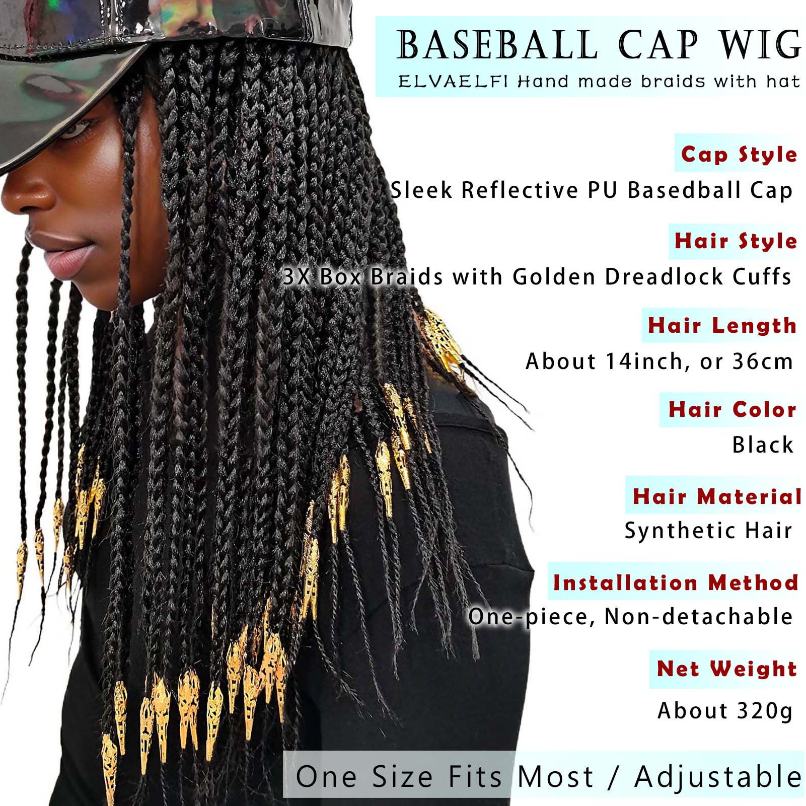Sleek PU Baseball Cap, 3X Box Braids w/Golden Dreadlock Cuffs