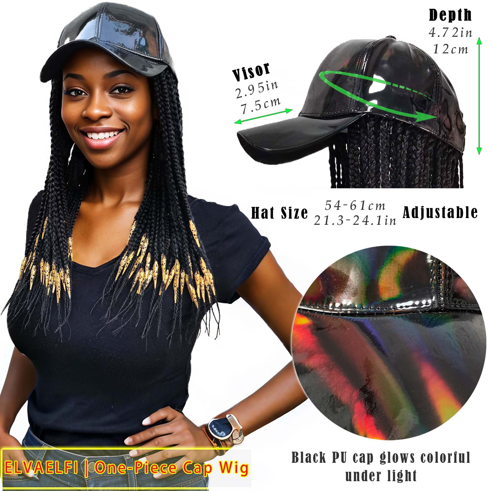 Sleek PU Baseball Cap, 3X Box Braids w/Golden Dreadlock Cuffs