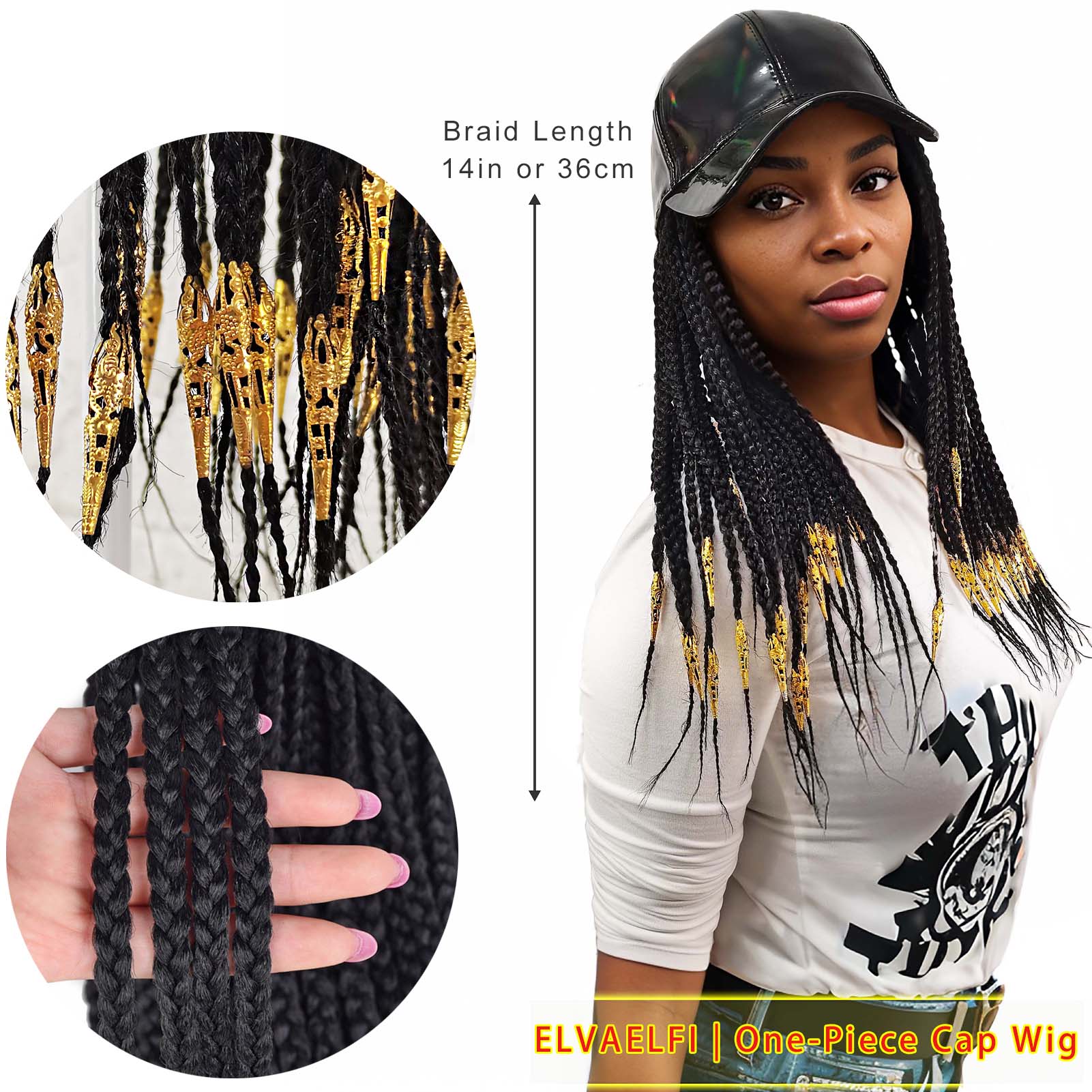 Sleek PU Baseball Cap, 3X Box Braids w/Golden Dreadlock Cuffs
