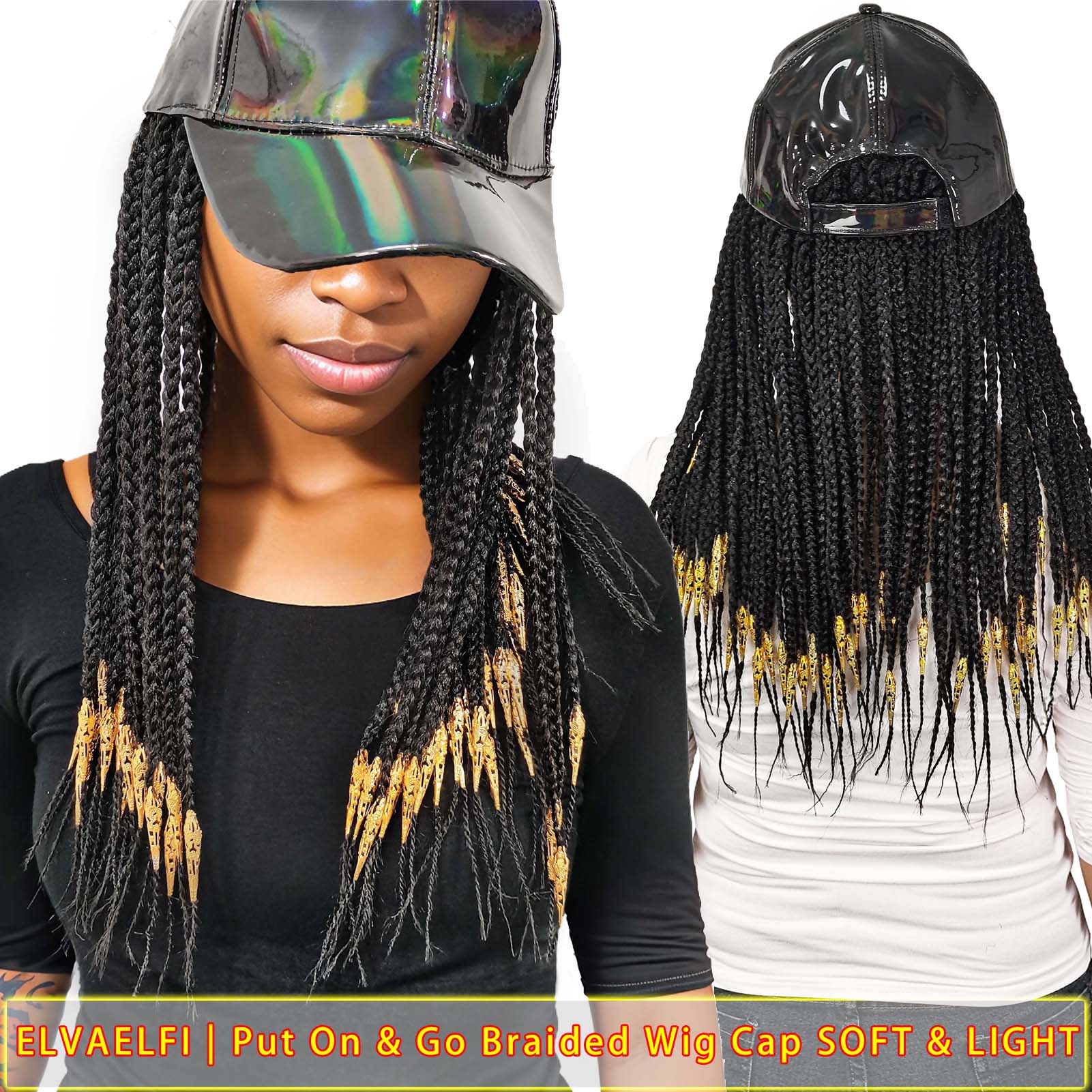 Sleek PU Baseball Cap, 3X Box Braids w/Golden Dreadlock Cuffs