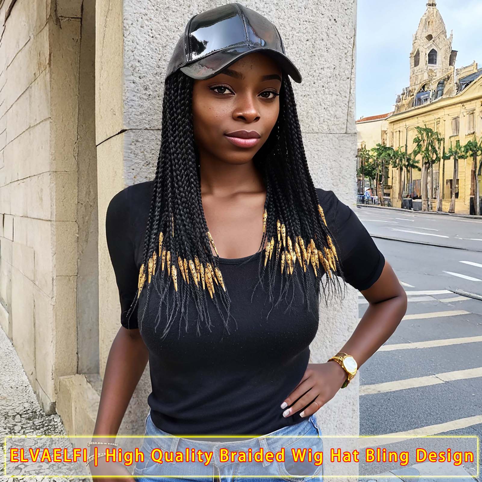 Sleek PU Baseball Cap, 3X Box Braids w/Golden Dreadlock Cuffs