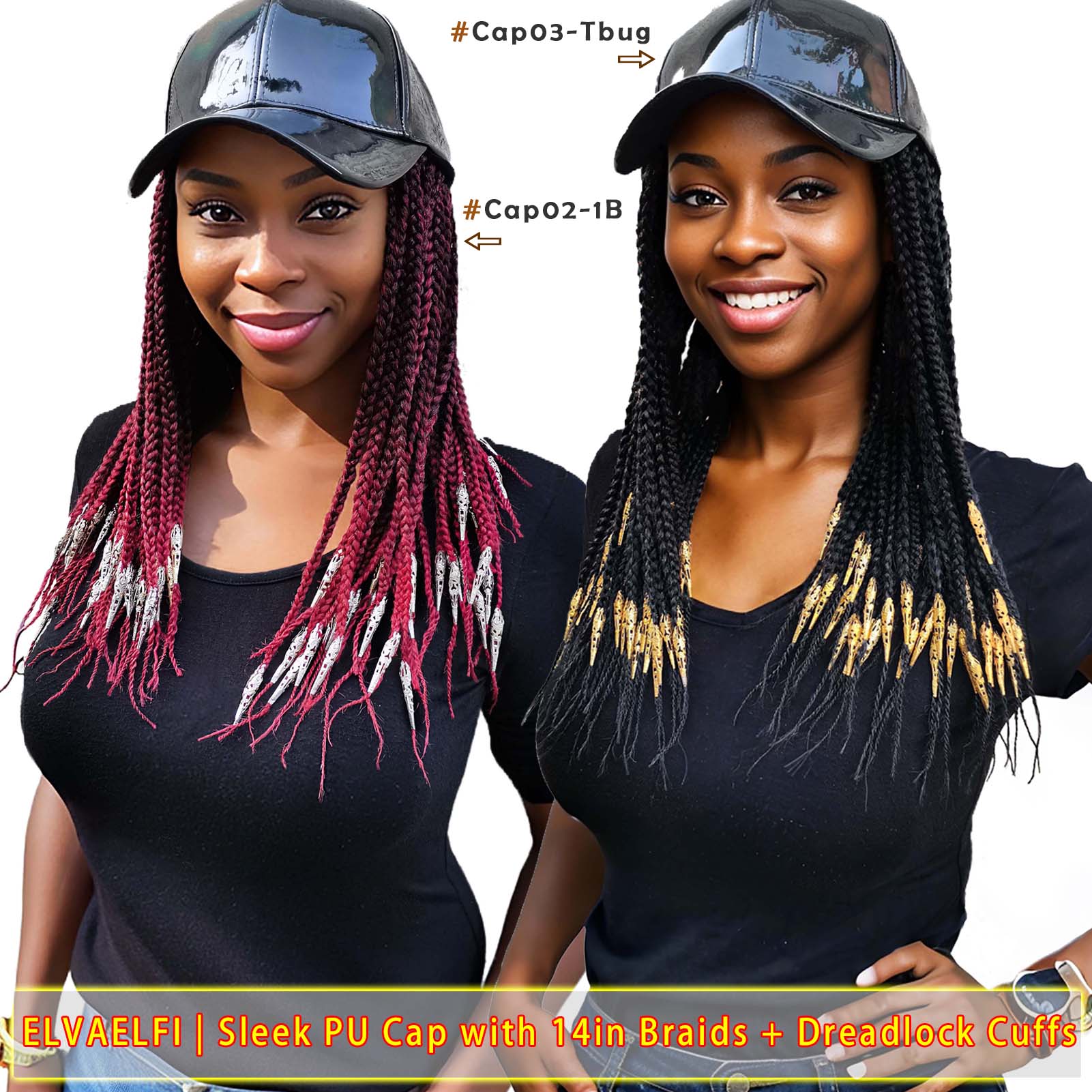 Sleek PU Baseball Cap, 3X Box Braids w/Silver Dreadlock Cuffs
