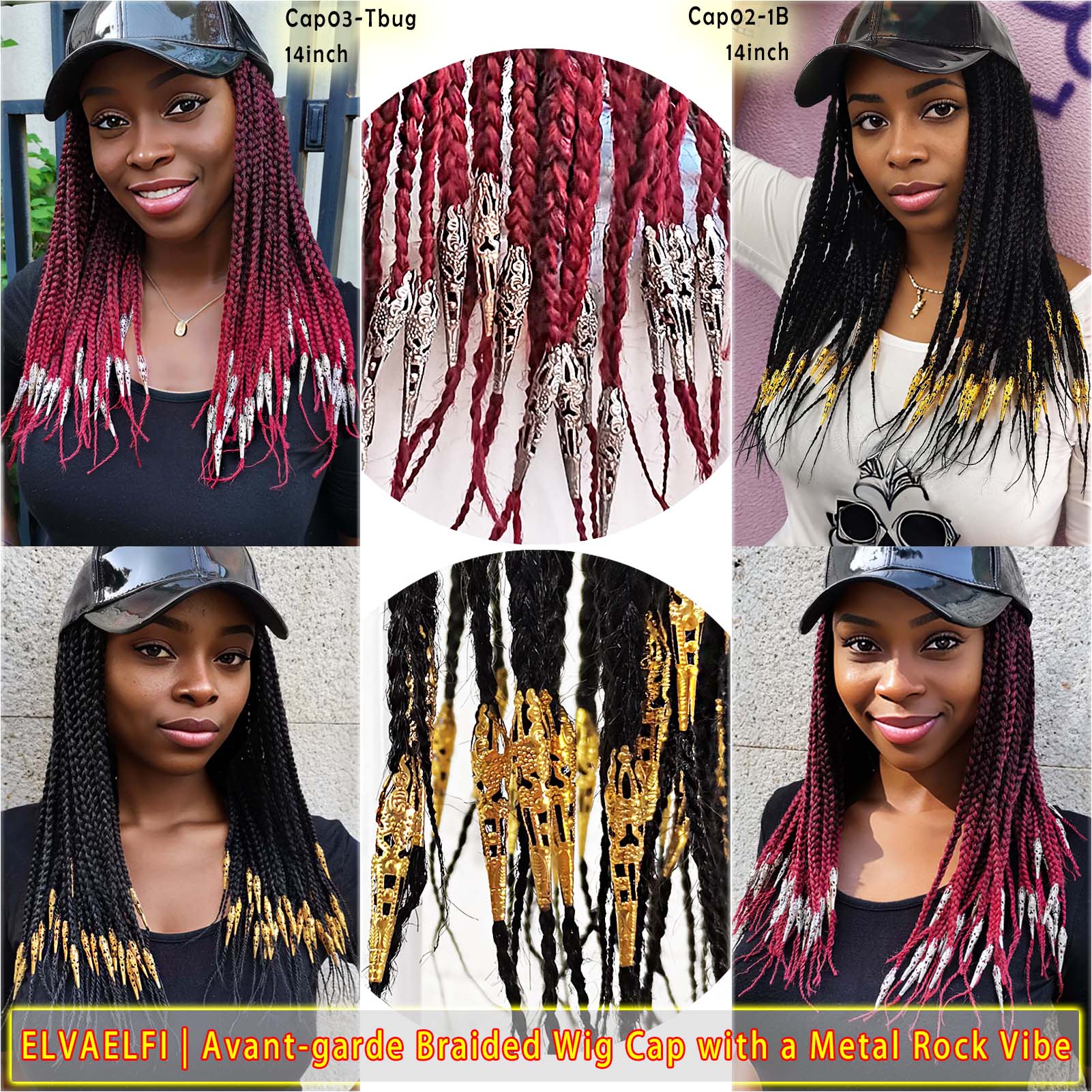 Sleek PU Baseball Cap, 3X Box Braids w/Silver Dreadlock Cuffs