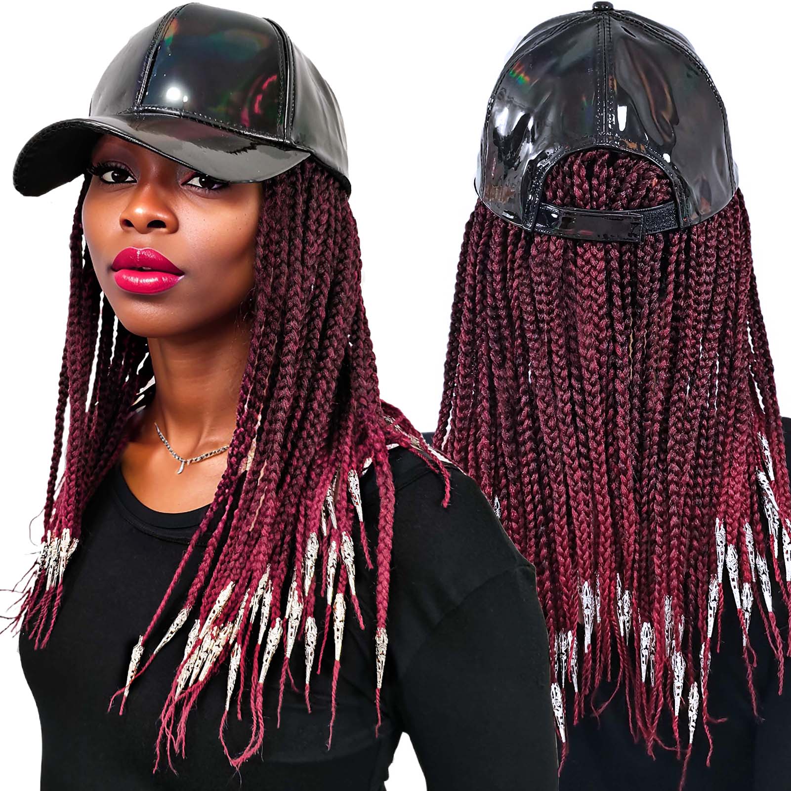 Sleek PU Baseball Cap, 3X Box Braids w/Silver Dreadlock Cuffs
