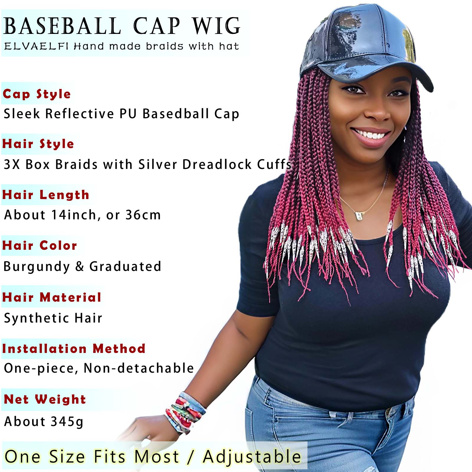 Sleek PU Baseball Cap, 3X Box Braids w/Silver Dreadlock Cuffs