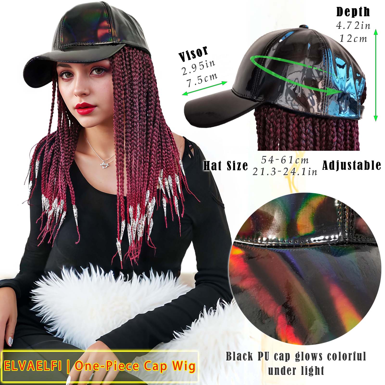 Sleek PU Baseball Cap, 3X Box Braids w/Silver Dreadlock Cuffs