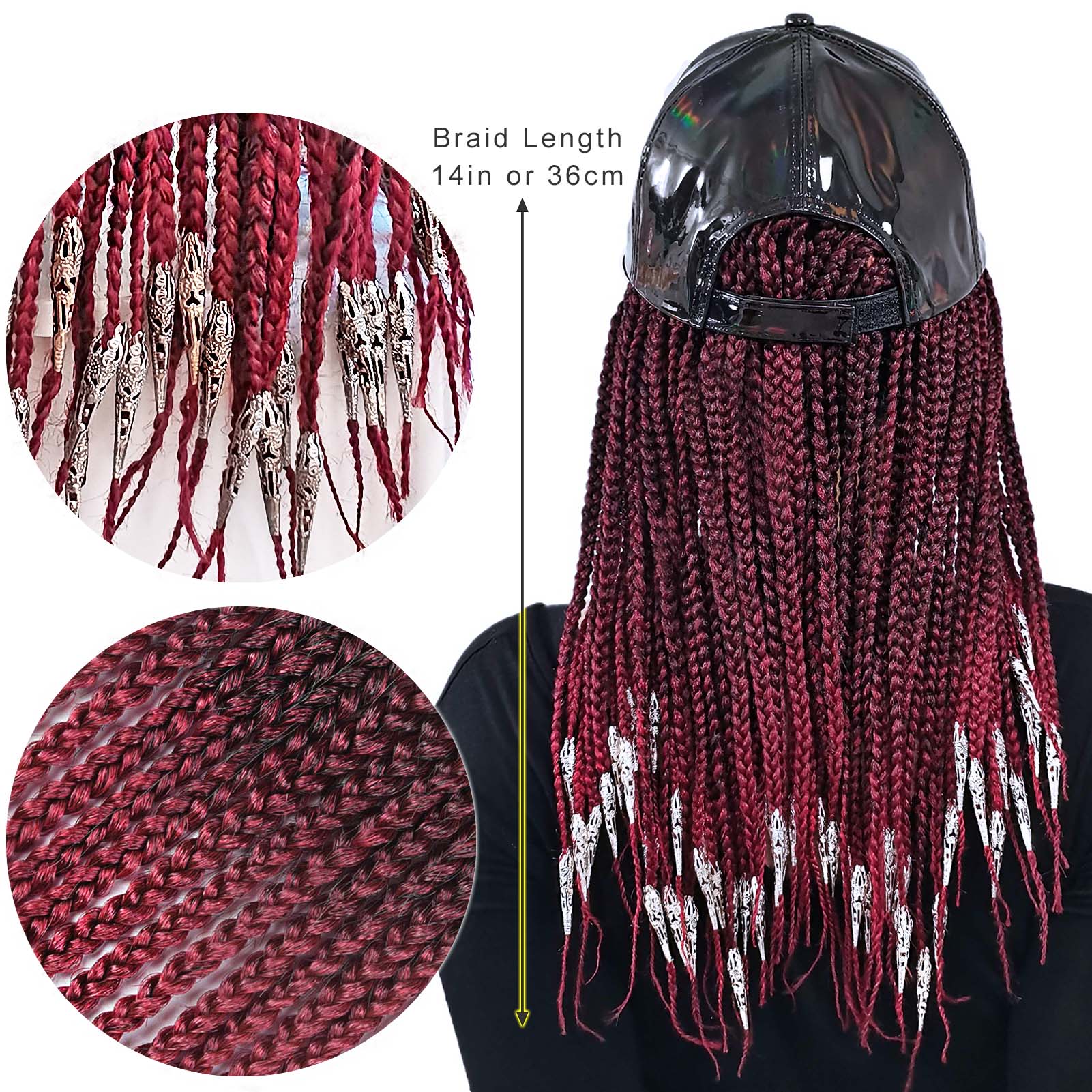 Sleek PU Baseball Cap, 3X Box Braids w/Silver Dreadlock Cuffs