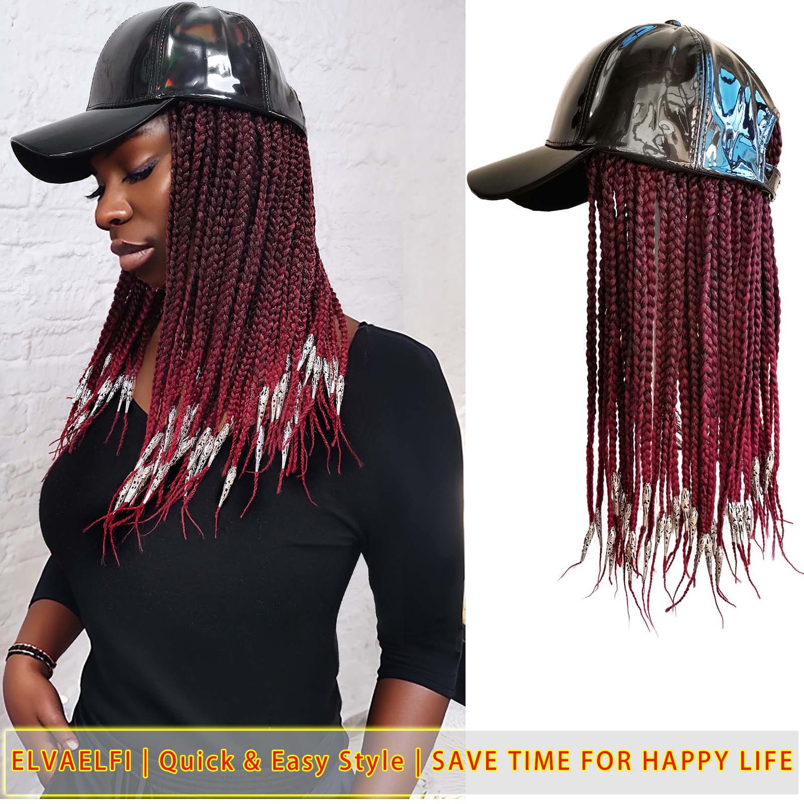 Sleek PU Baseball Cap, 3X Box Braids w/Silver Dreadlock Cuffs
