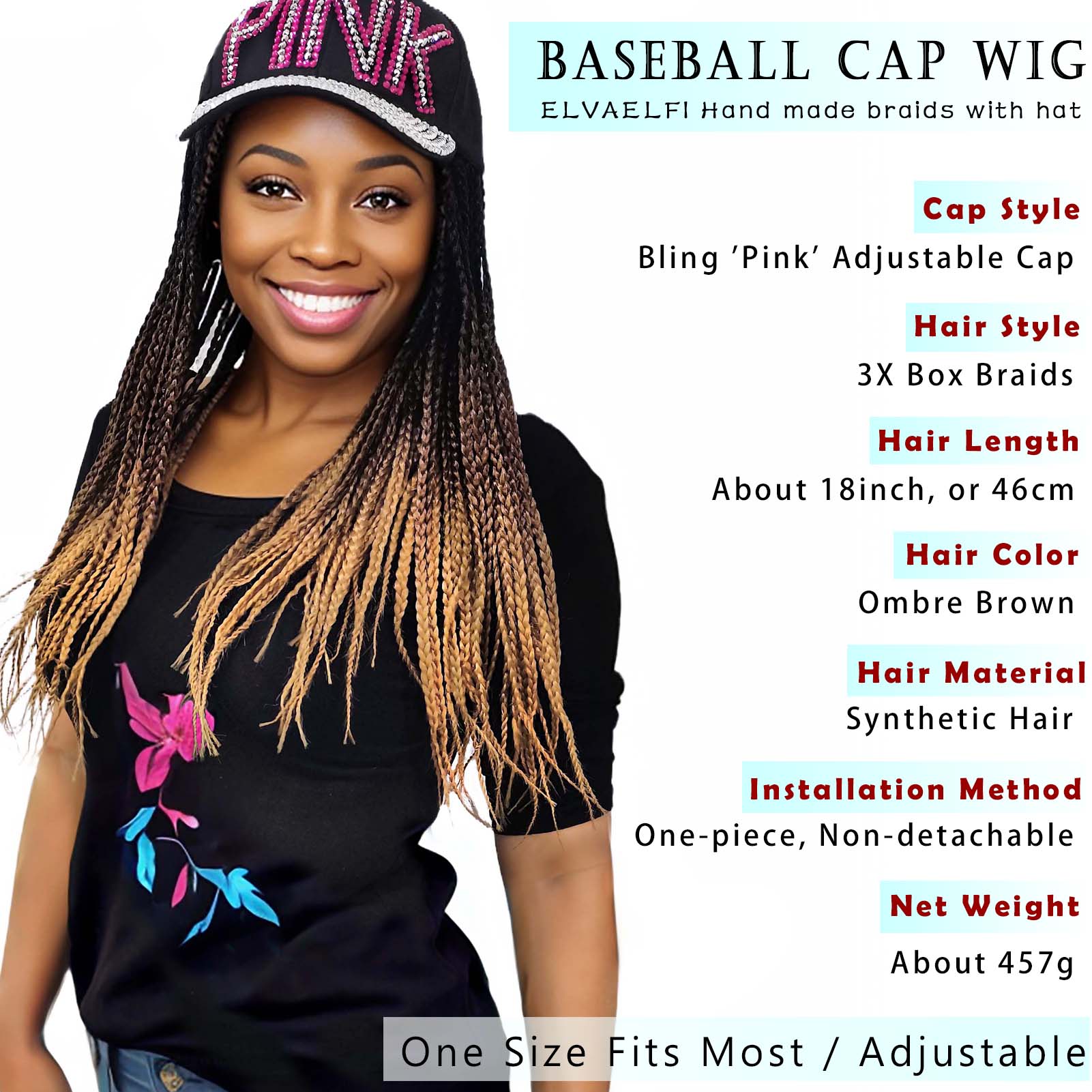 Bling 'Pink' Baseball Cap with 3X Box Braids